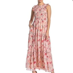 MELLODAY Smocked Flounce Ruffle Sleeve Dress In Pink Print